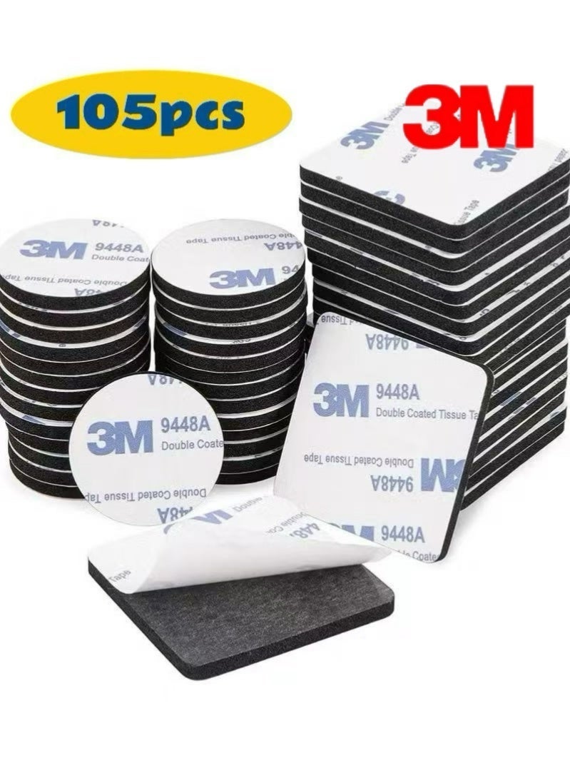 ثري ام ١٠٥ قطع من الشريط اللاصق مزدوج الجوانب، شريط لاصق مقاوم للماء، وسادة إسفنجية، شريط لاصق قوي، مناسب لتثبيت الصور، الجداريات، المصابيح، الخطافات، في المنزل، المكتب، المطبخ. مربع ٤٠×٤٠ مم، دائري ٢٥ مم، مستطيل ٤٠×٣٠ مم. - Image 1